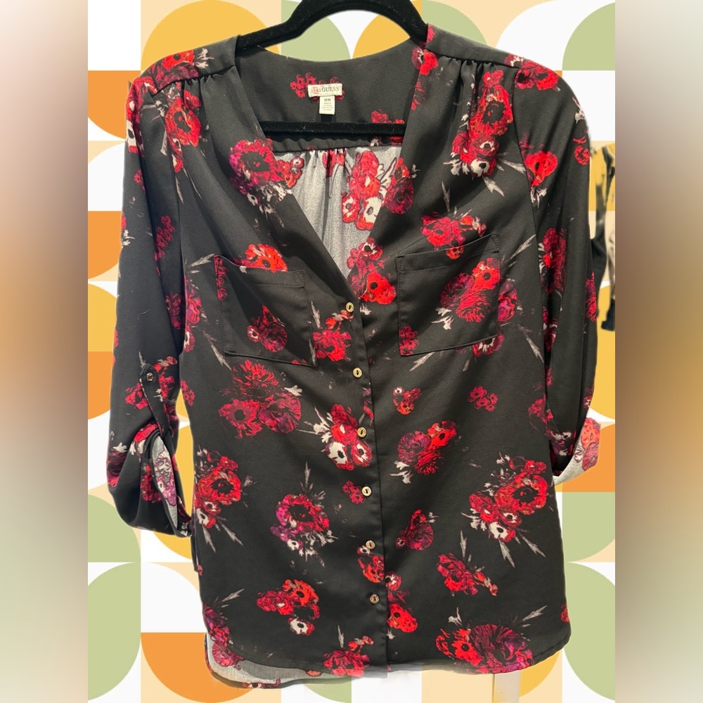 Guess Black and Red Floral Button Down Shirt